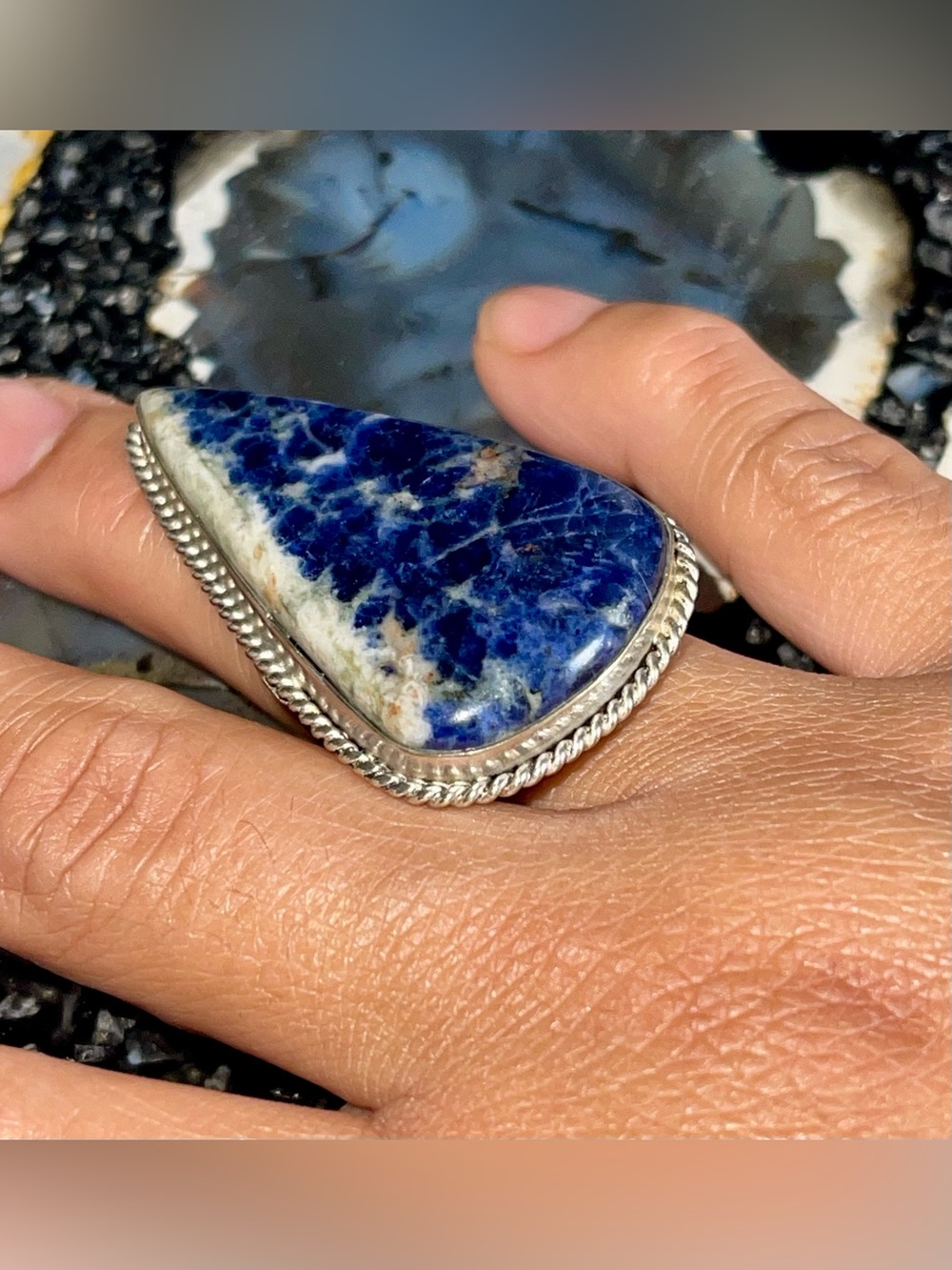 Large Stone Navy Sodalite Crystal Ring Size 8 1/4